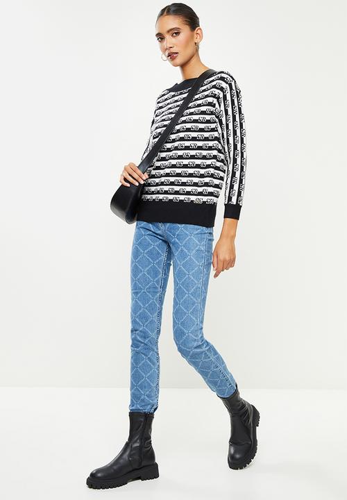 SISSY BOY - Asymmetric off the shoulder stripe branded knit - black & off white