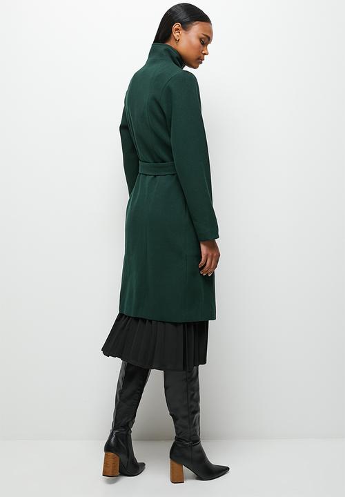 edit - Funnel neck belted melton coat - dark emerald