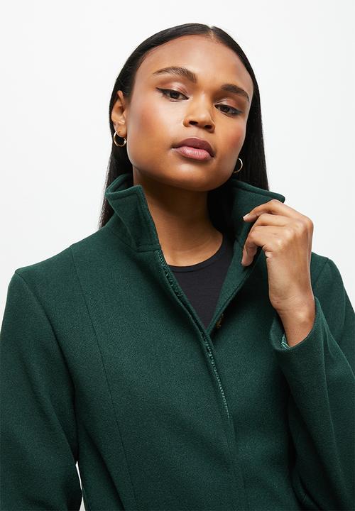edit - Funnel neck belted melton coat - dark emerald
