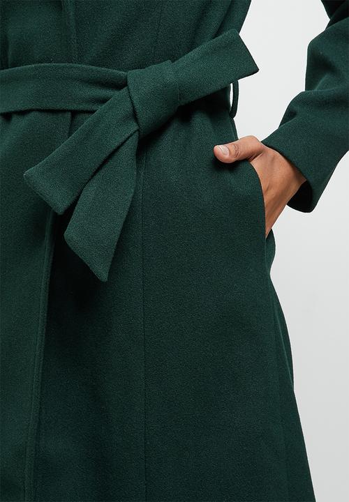 edit - Funnel neck belted melton coat - dark emerald