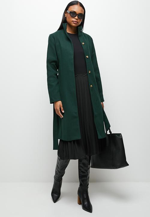 edit - Funnel neck belted melton coat - dark emerald