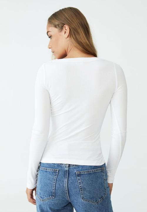 Cotton On - Staple rib scoop neck long sleeve top - white