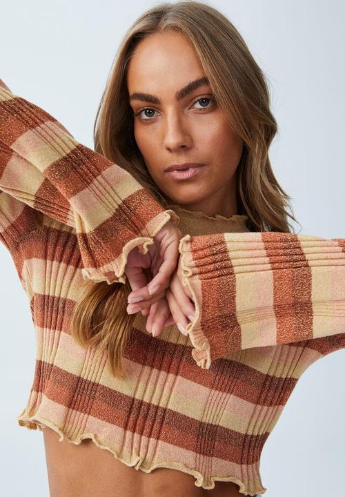 Cotton On - Sparkle fluted sleeve mock neck - lucy stripe neutrals