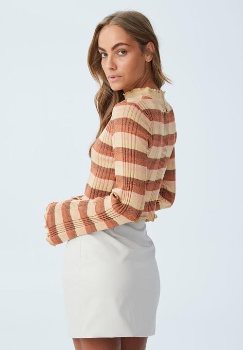 Cotton On - Sparkle fluted sleeve mock neck - lucy stripe neutrals