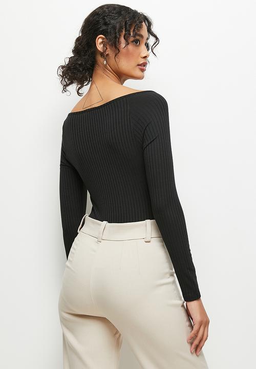 MILLA - Shaped neck rib bodysuit - black