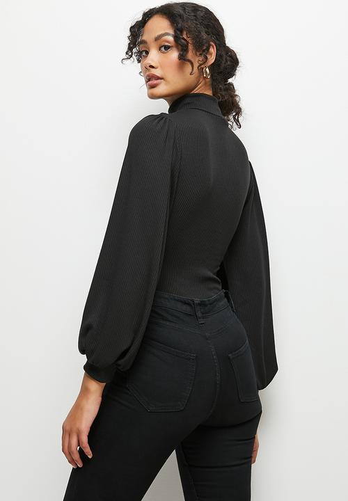 MILLA - Polo neck puff sleeve bodysuit - black