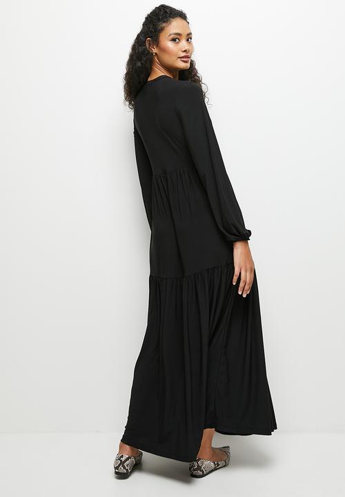edit - Funnel neck knit tiered maxi - black
