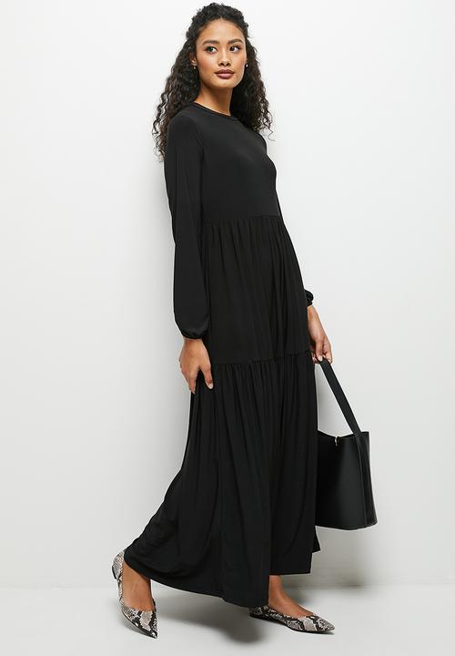 edit - Funnel neck knit tiered maxi - black