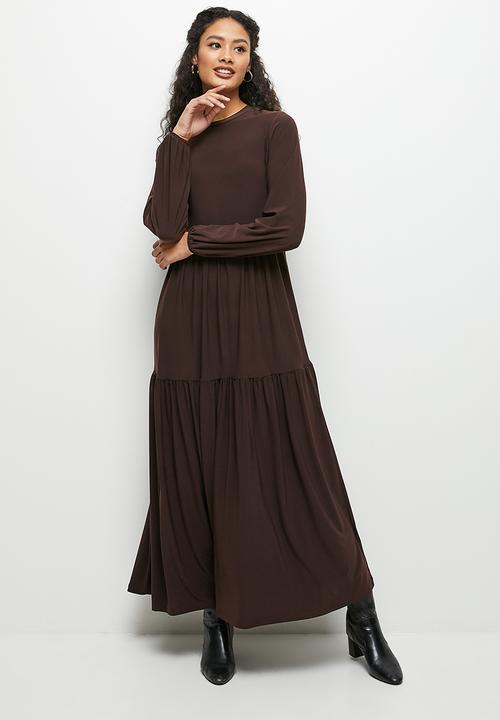 edit - Funnel neck knit tiered maxi - brown