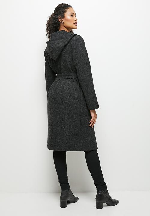 edit - Long hooded belted coat - black