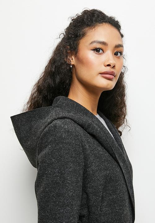 edit - Long hooded belted coat - black