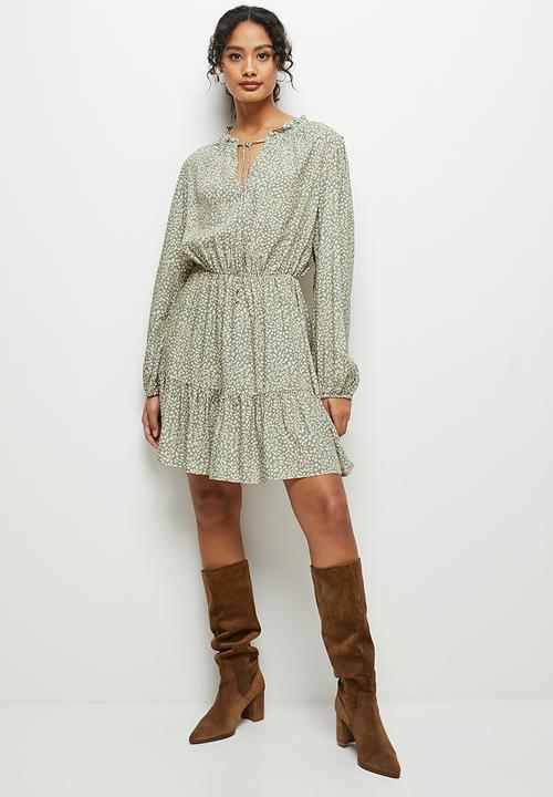 MILLA - Piecrust ruffle back mini dress - sage handrawn spot