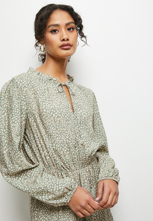 MILLA - Piecrust ruffle back mini dress - sage handrawn spot