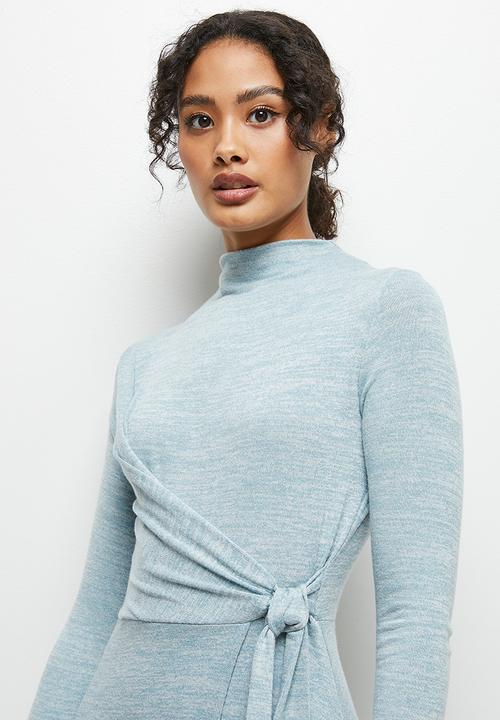 MILLA - Wrap over soft touch funnel neck dress - pale blue
