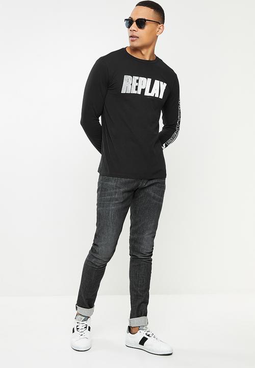 Replay - Replay long sleeve logo printed tee - black