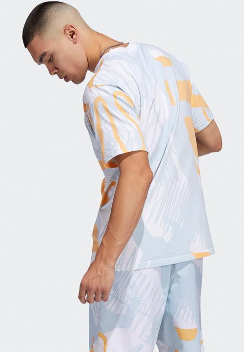 adidas Originals - Adiplay Allover Print Short Sleeve T- Multicolor / White / Orange rush