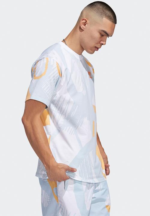 adidas Originals - Adiplay Allover Print Short Sleeve T- Multicolor / White / Orange rush