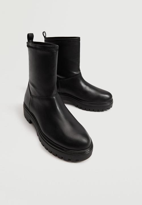 MANGO - Strechy leather serrated sole ankle boot - black
