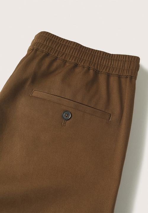 MANGO - Soller Elastic waist cotton Trousers - Mid Brown