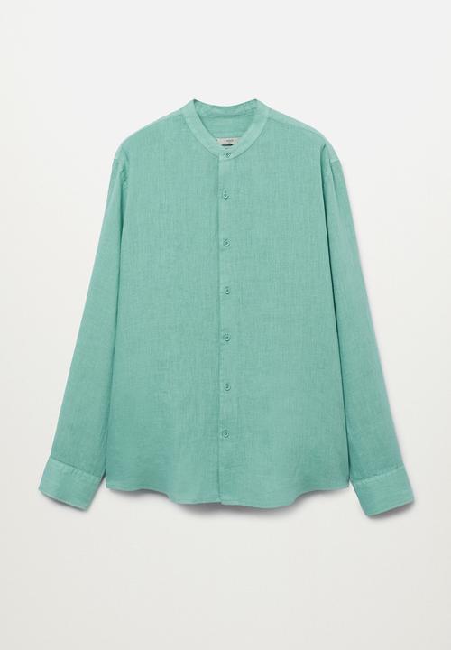 MANGO - Calcuta Regular-fit Mao Collar Linen Shirt  - Green