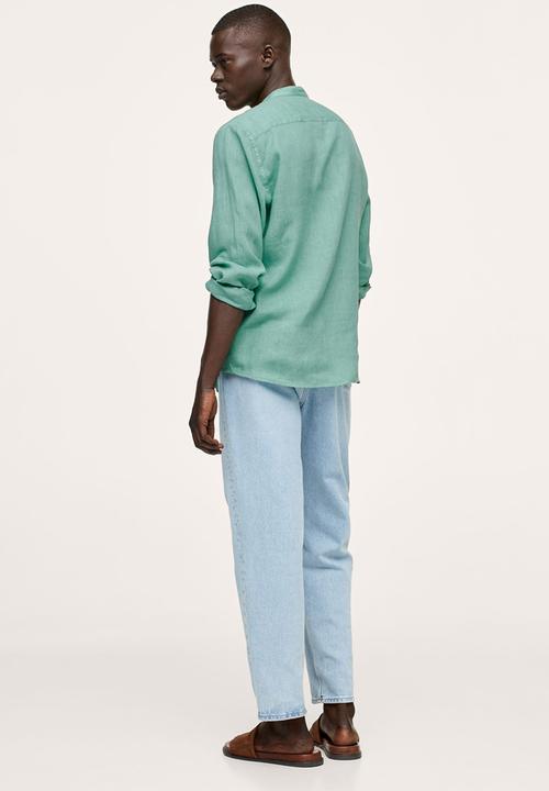 MANGO - Calcuta Regular-fit Mao Collar Linen Shirt  - Green