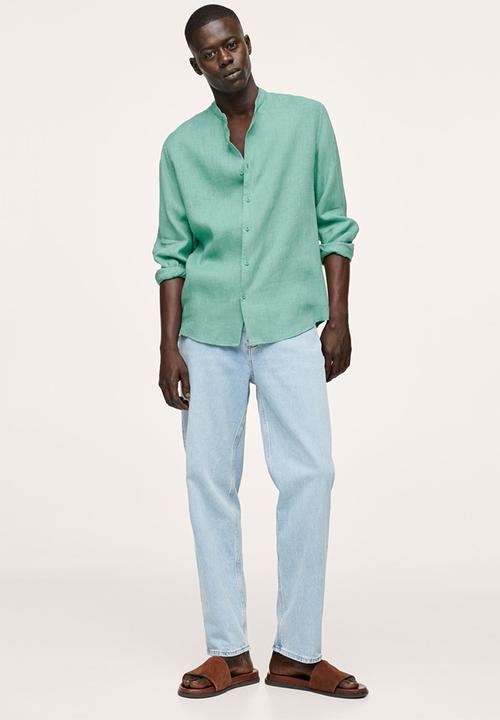MANGO - Calcuta Regular-fit Mao Collar Linen Shirt  - Green