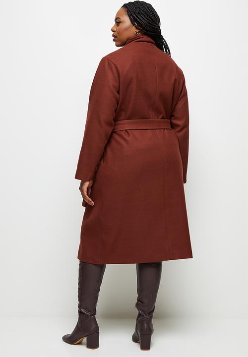 edit Plus - Highneck belted melton coat - dark tobacco