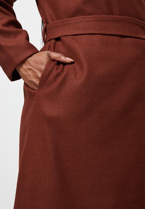 edit Plus - Highneck belted melton coat - dark tobacco