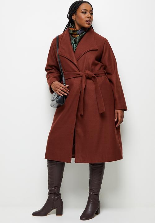 edit Plus - Highneck belted melton coat - dark tobacco