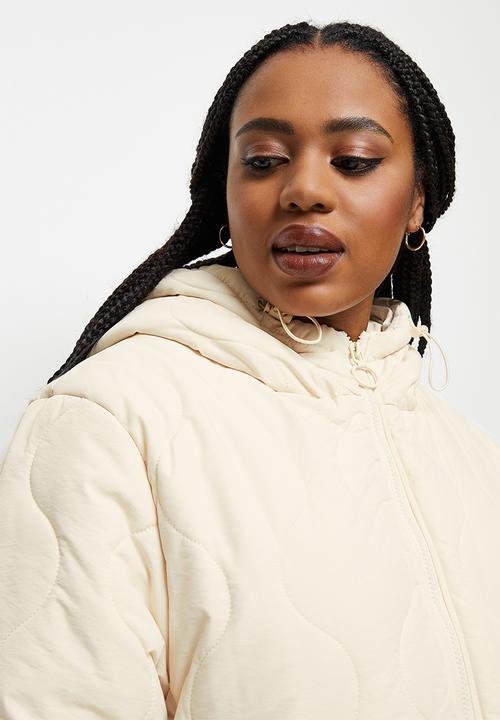 edit Plus - Diagonal quilt hooded puffer - ecru