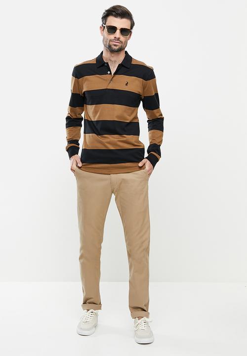 POLO - Thick Stripe Pima Long Sleeve Golfer - Brown & Black