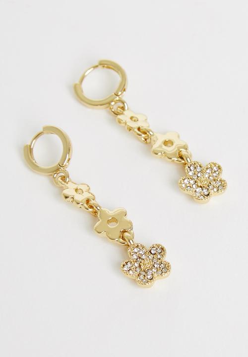 Rubi - Premium drop huggie hoop - gold plated diamante flower