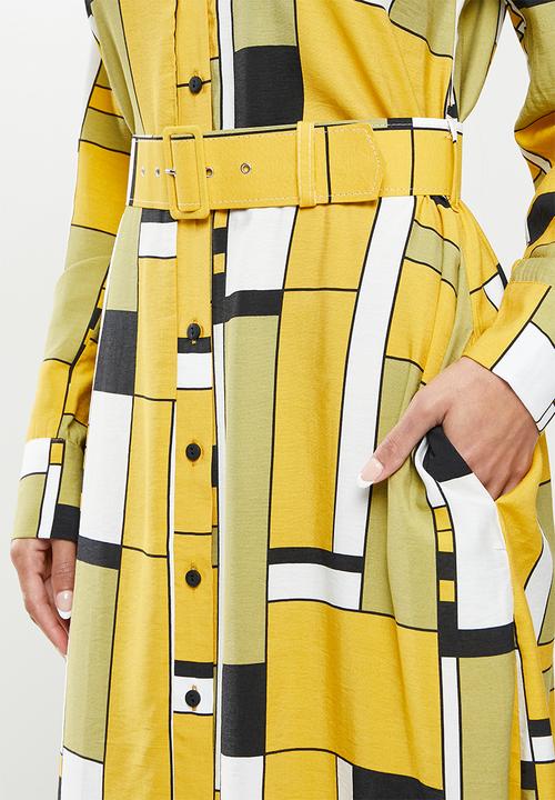 Me&B - Belted linen blend dress - mustard & black