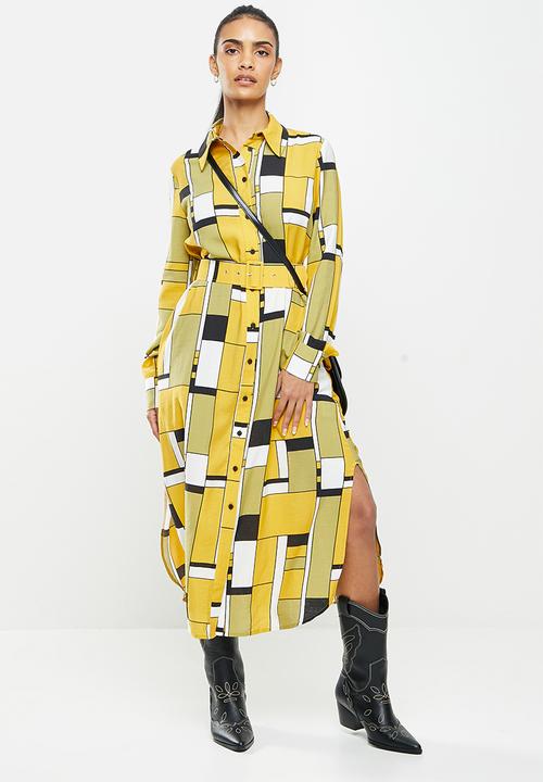 Me&B - Belted linen blend dress - mustard & black