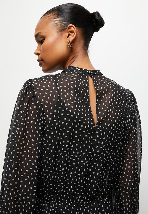 edit - Sheer balloon sleeve piecrust midi - black