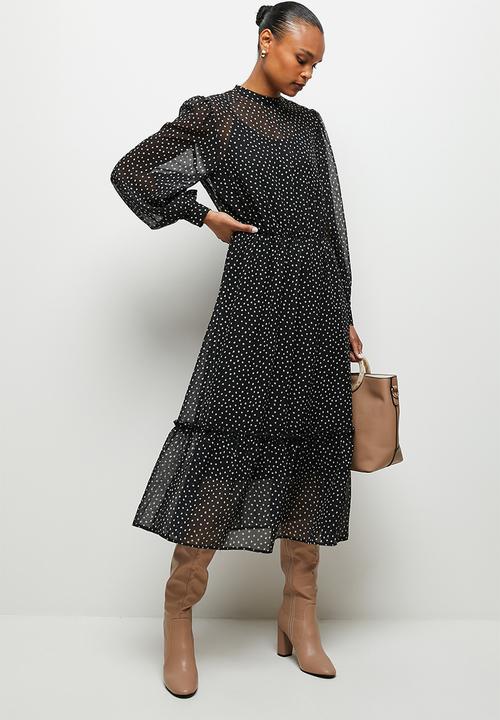 edit - Sheer balloon sleeve piecrust midi - black