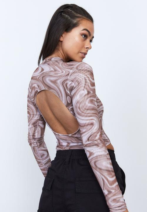 Factorie - Mesh open back long sleeve bodysuit - neutral swirl