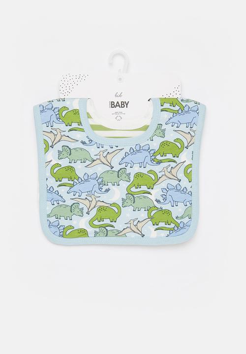 Cotton On - 2 Pack square bib - frosty blue dinos in the night/cactus stripe