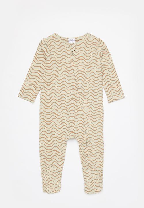 Cotton On - 2 pack long sleeve zip romper - taupy brown daisy spot/rany day waves