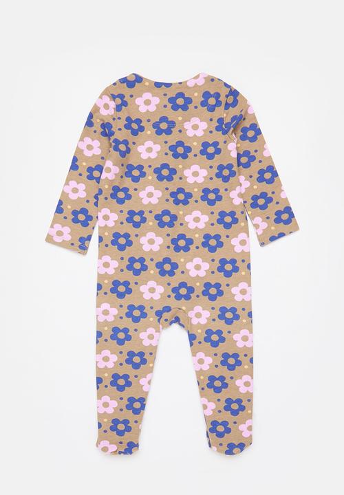 Cotton On - 2 pack long sleeve zip romper - taupy brown daisy spot/rany day waves