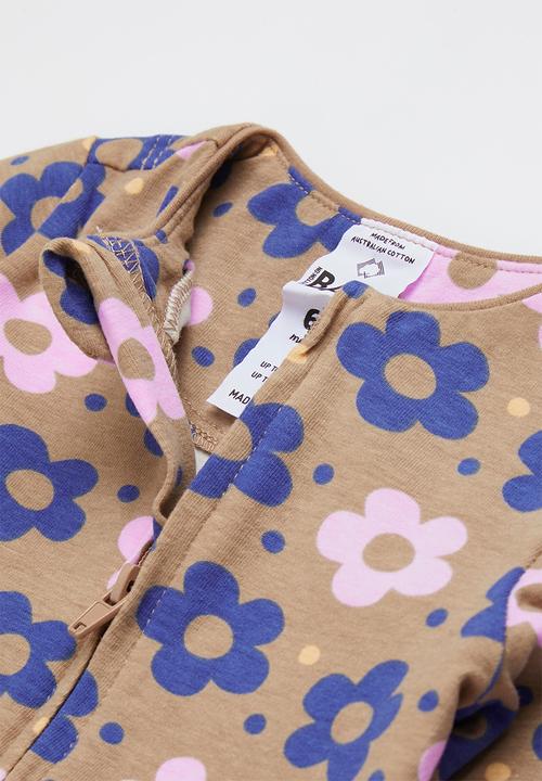 Cotton On - 2 pack long sleeve zip romper - taupy brown daisy spot/rany day waves