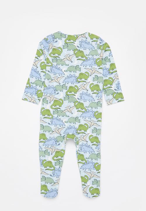 Cotton On - 2 pack long sleeve zip romper - frosty blue dinos in the night/cactus stripe