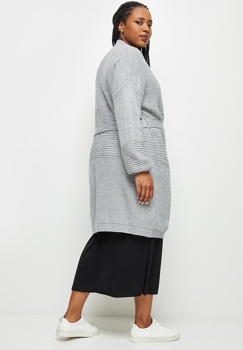 edit Plus - Belted cable cardigan - grey 