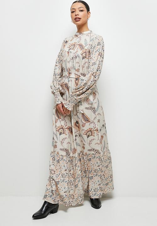 edit - Boho print mix tiered maxi dress - stone