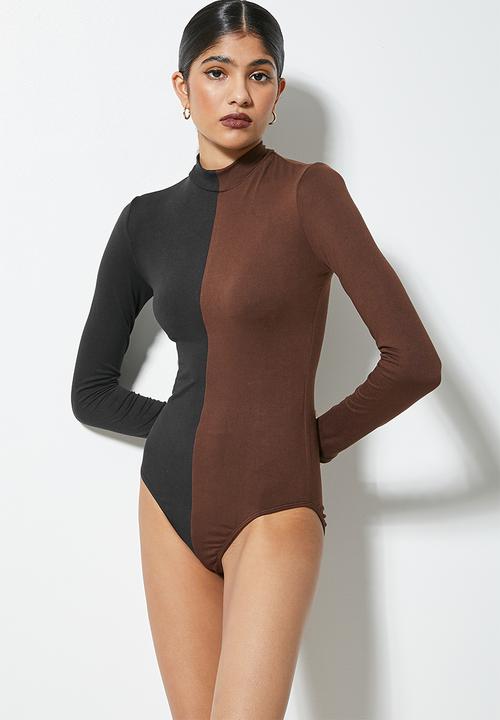 VELVET - Colourblock turtle neck bodysuit - black & tobacco