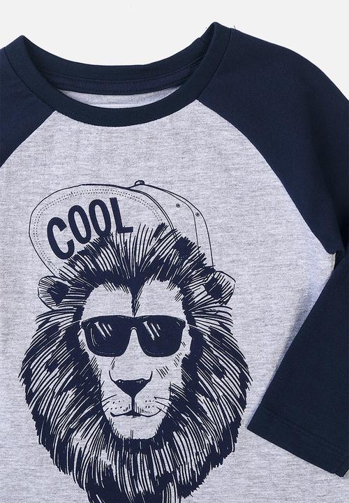 MINOTI - Basic cool lion graphic raglan tee - grey marl & navy