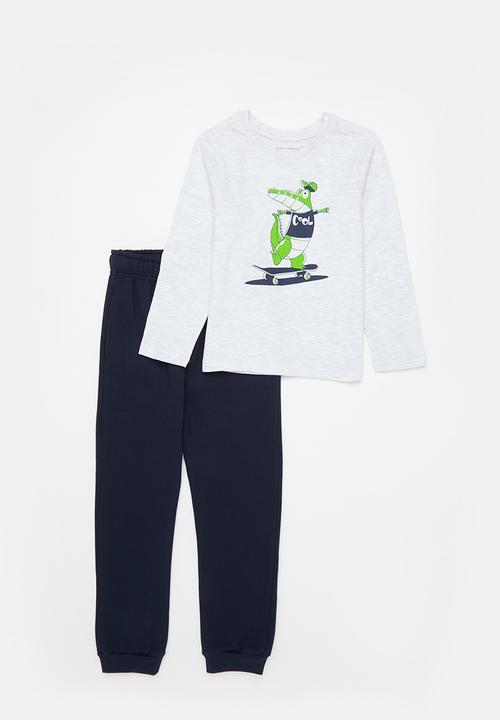 Pop Candy - Younger boys long sleeve tee & jogger set - ice melange & navy