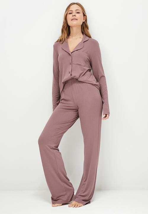 Blake - Knit long sleeve button through sleep set - mauve