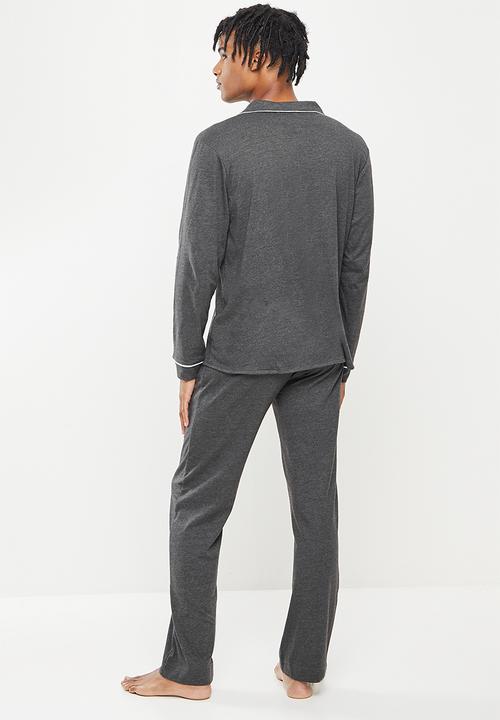Brave Soul - Jaxong long sleeve sleep set - charcoal marl & white