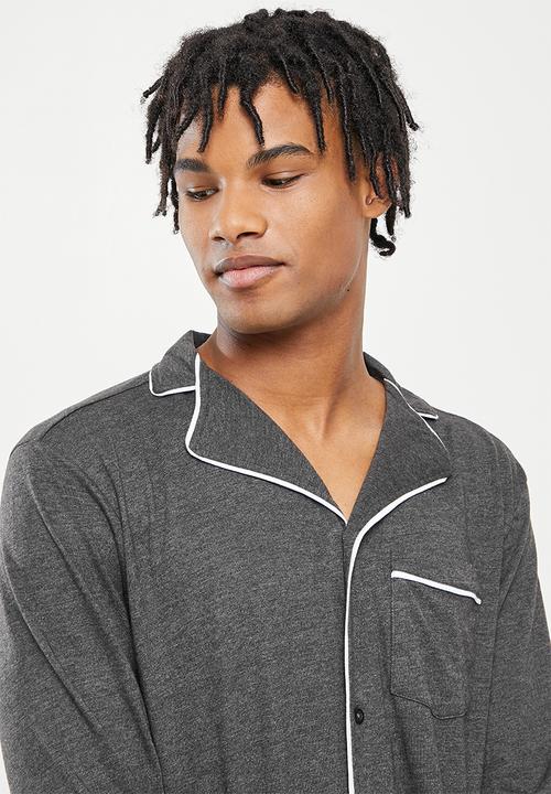 Brave Soul - Jaxong long sleeve sleep set - charcoal marl & white
